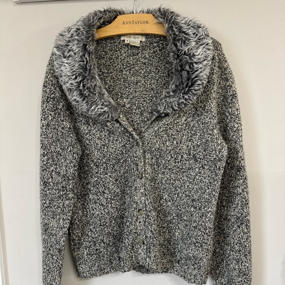 Karen Kane Women's Gray Chunky-Knit Cardigan Sweater Faux Fur Collar Button M